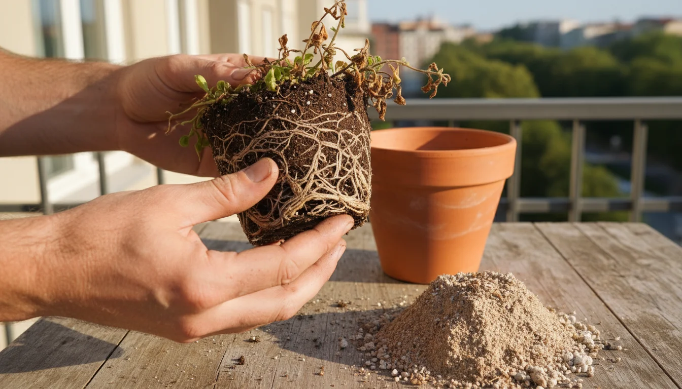 Hands carefully inspect the root ball of a spent flowering plant and old potting mix from a terracotta pot on a wooden table.