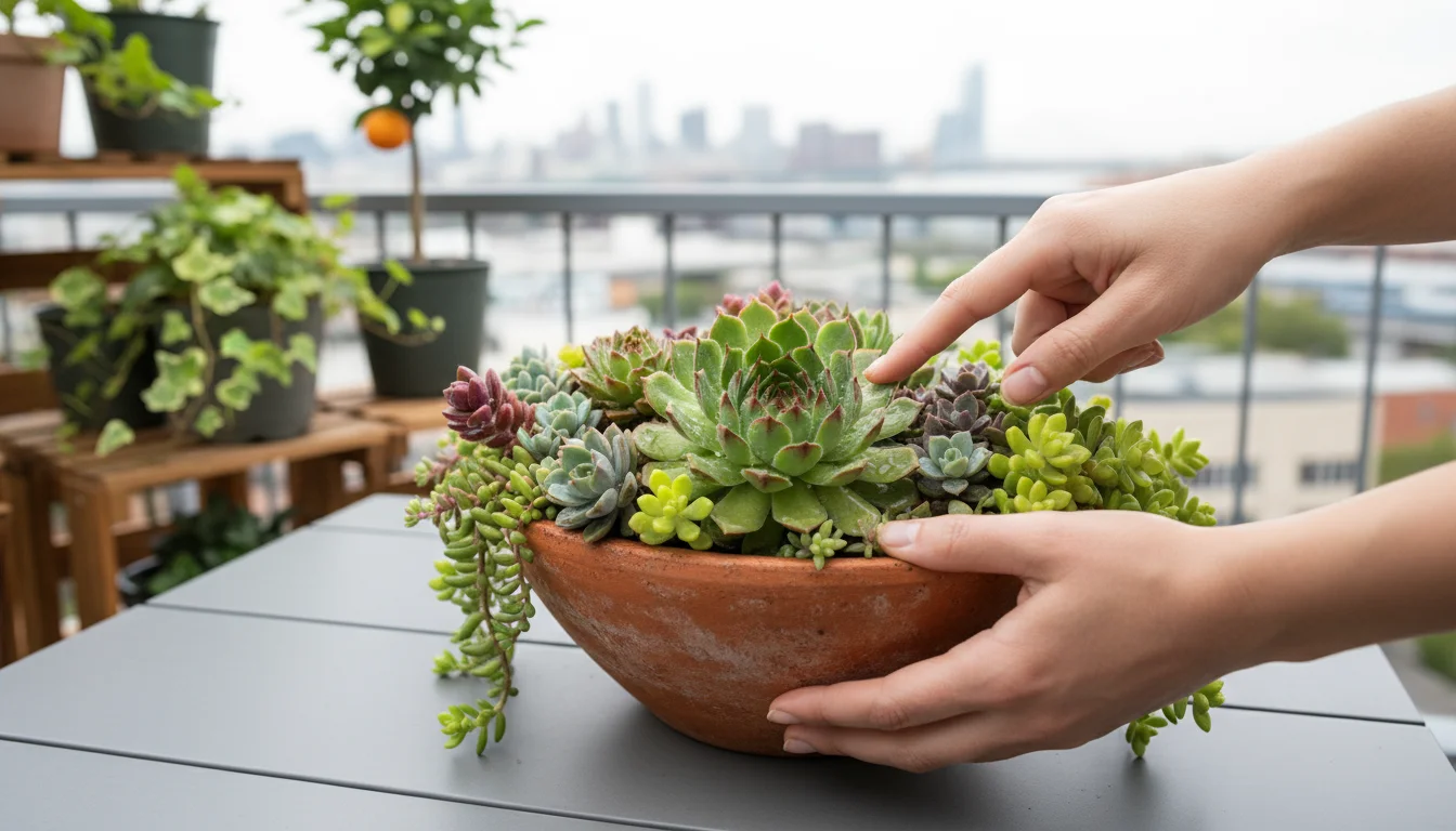 Hands gently inspect a thriving succulent bowl with Sempervivums and Sedums on a grey balcony table.