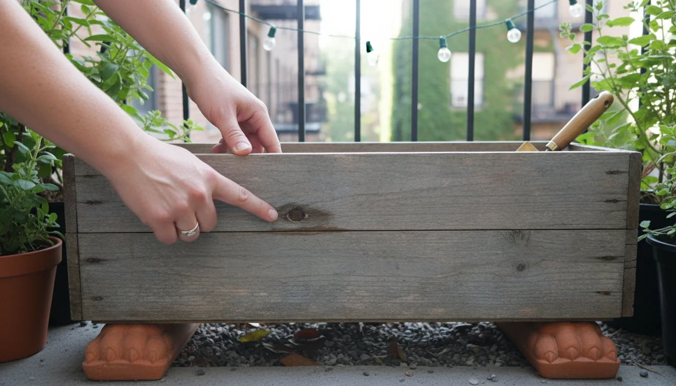 Hands inspect a weathered wooden planter, pointing at a subtle dark discoloration, as the planter is elevated on blocks for drying.