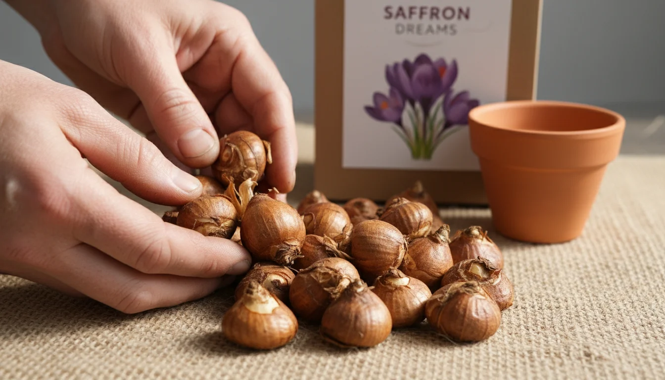 Hands inspecting firm saffron crocus corms on a light gardening mat with a pot nearby.
