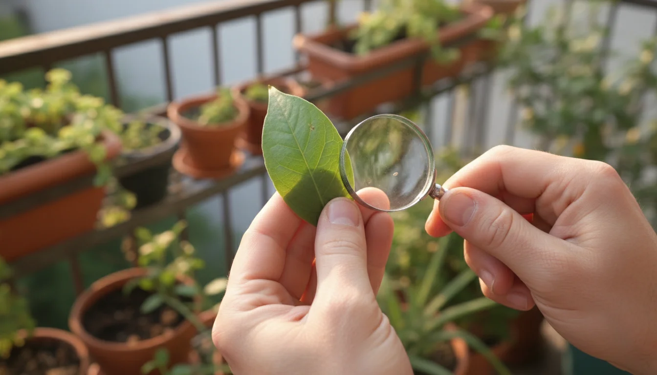 Hands inspecting the underside of a green leaf on a potted plant with a magnifying glass on a balcony.