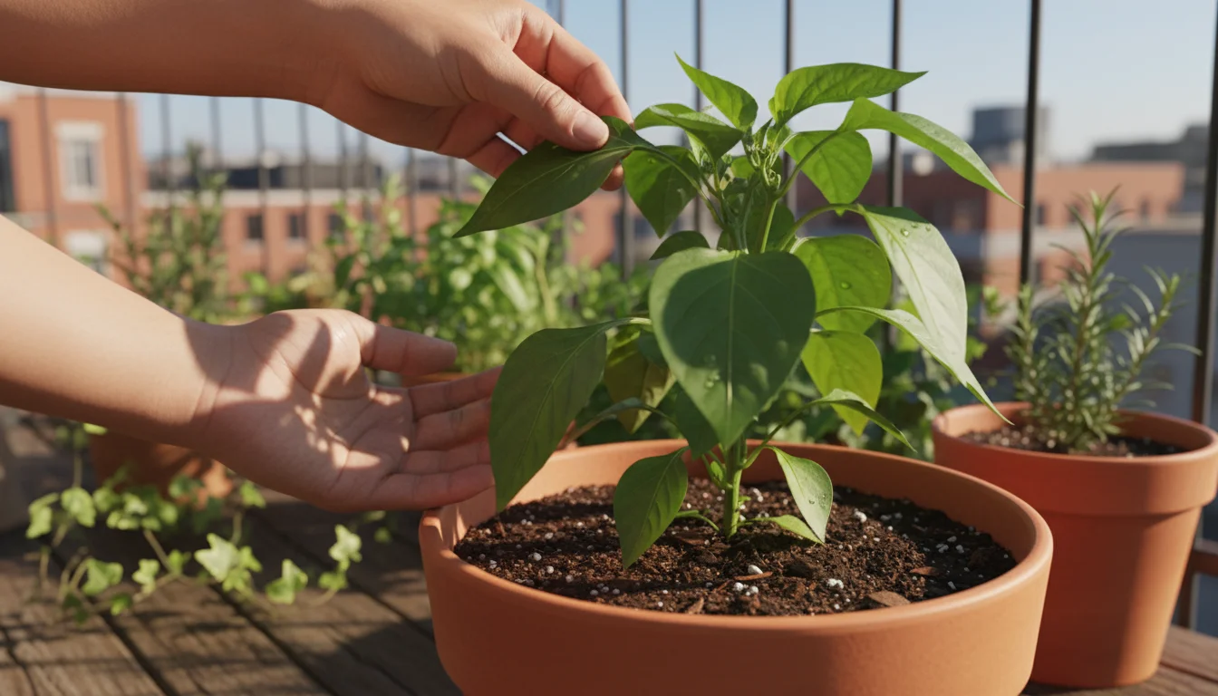 Hands gently lifting a healthy green pepper plant leaf in a terracotta pot on a balcony to inspect its underside.