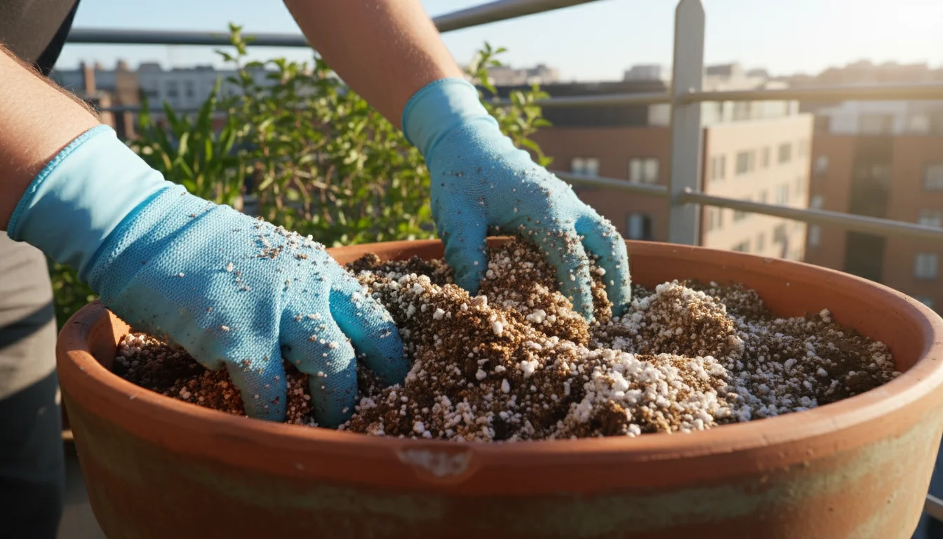 Hands in light blue gardening gloves mixing potting soil, white perlite, and coarse sand in a terracotta pot on a sunny balcony.
