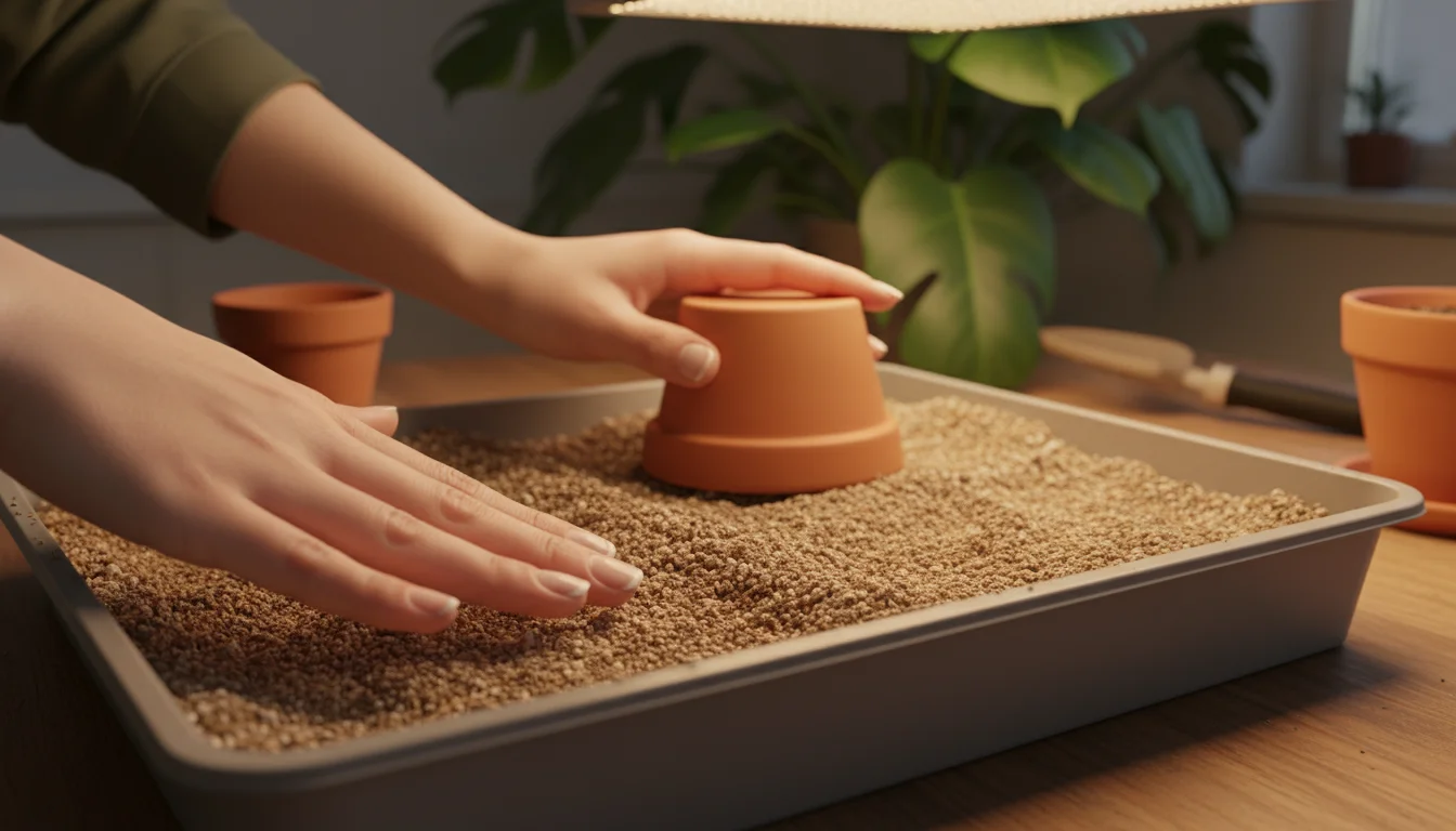 Hands gently level light brown seed-starting mix in a grey planting tray using a terracotta pot. Soft grow light illuminates the indoor scene.