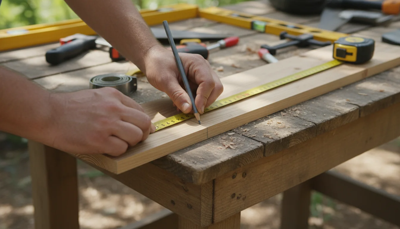 Close-up of hands marking a diagonal cut on a piece of wood, preparing a trapezoidal side for a DIY cold frame.