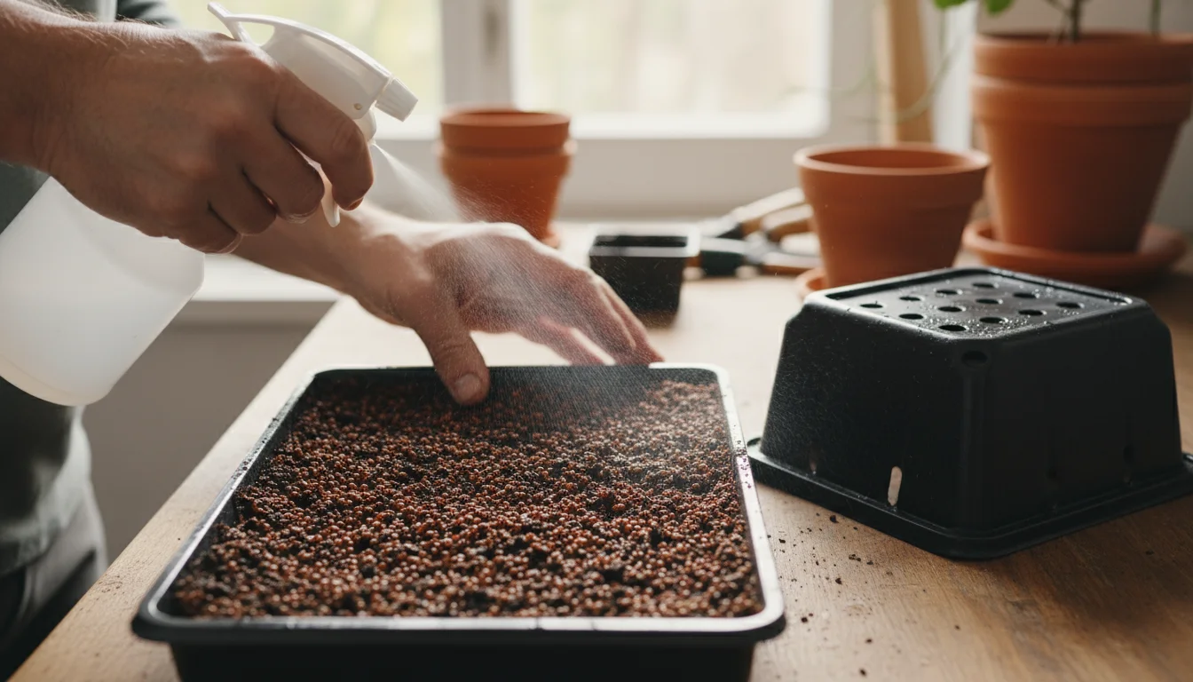 Hands gently misting newly sown radish microgreen seeds in a shallow tray. An inverted plastic tray sits nearby as a cover.