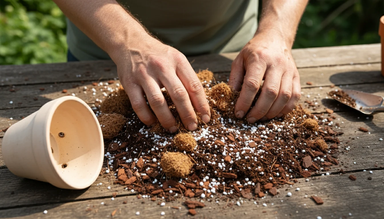 Hands mixing coco coir, perlite, and bark chips into dark potting mix on a wooden surface, with a terracotta pot nearby.
