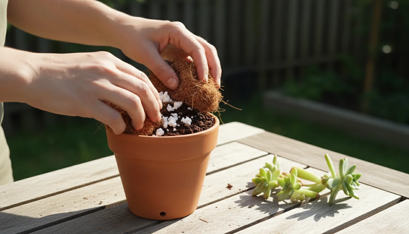 Hands mixing coco coir, perlite, and composted bark inside a terracotta pot on a patio table.