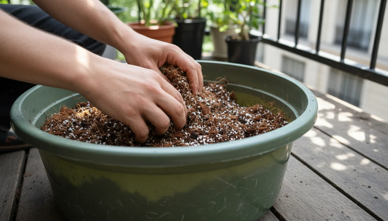 Close-up of hands mixing dark soil, white perlite, and fibrous coco coir in a green tub on a balcony for potting plants.