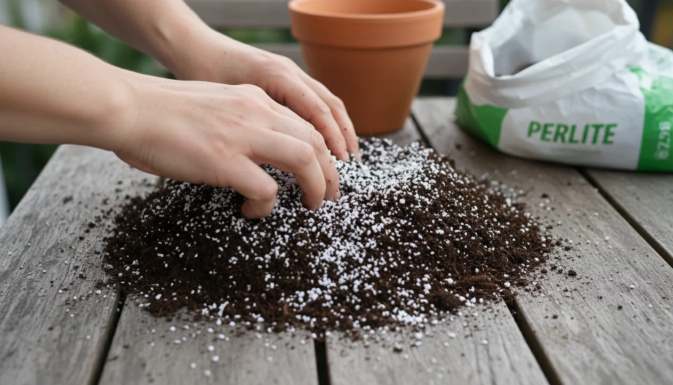 Hands mixing white perlite into dark potting soil on a wooden table, creating a well-draining succulent mix.