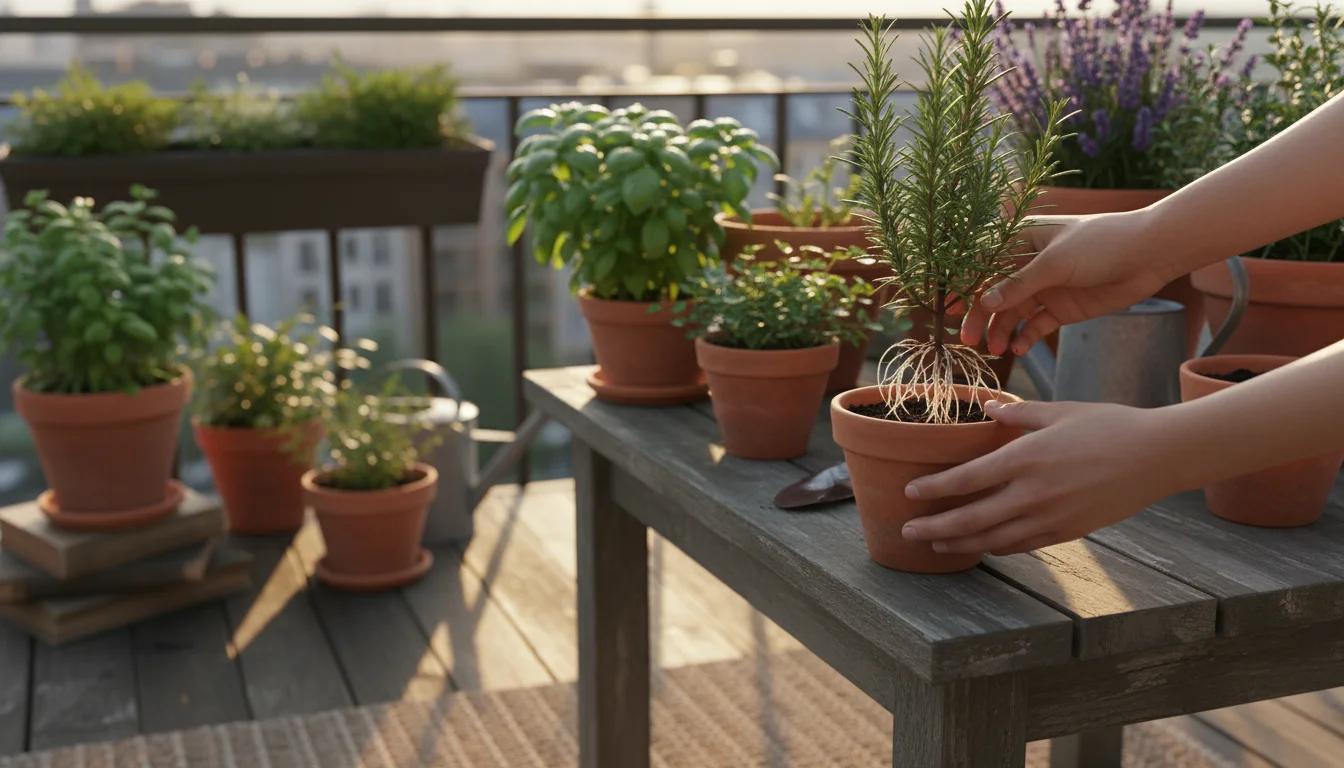 Hands gently examining a newly rooted rosemary cutting in a small terracotta pot on a patio table, surrounded by other potted plants.