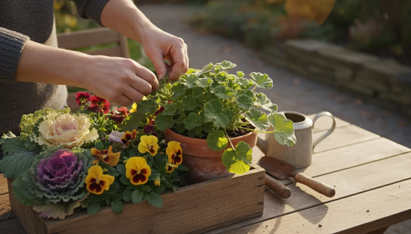 Hands gently pinching a scented geranium plant in a terracotta pot on a patio table with other fall plants.