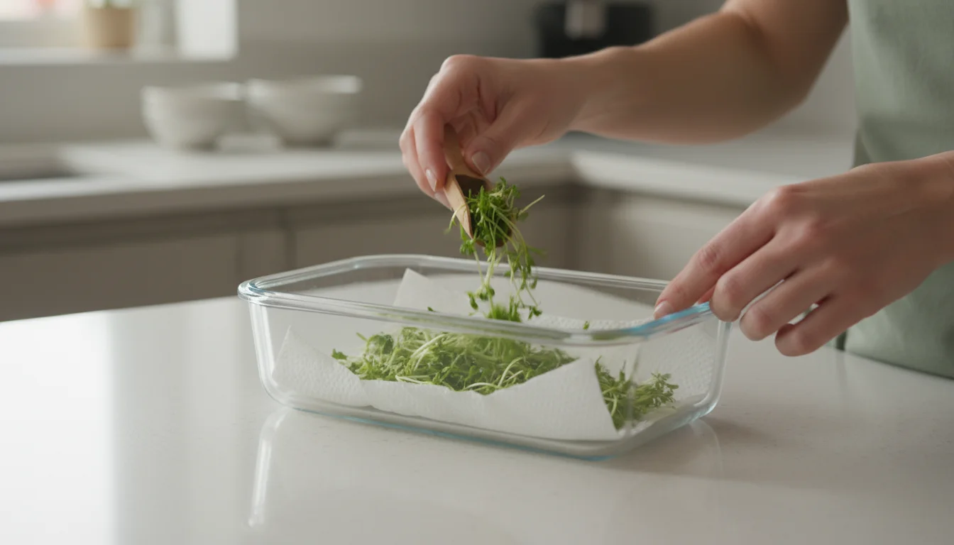 Hands carefully place freshly dried green microgreens into a clear, paper-towel-lined airtight container on a light kitchen counter.