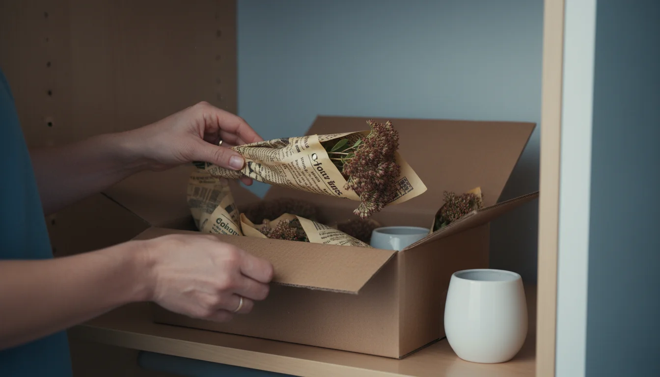 Hands gently place a newspaper-wrapped bundle of dried sedum seed heads into an open cardboard storage box with other wrapped items and a silica gel p
