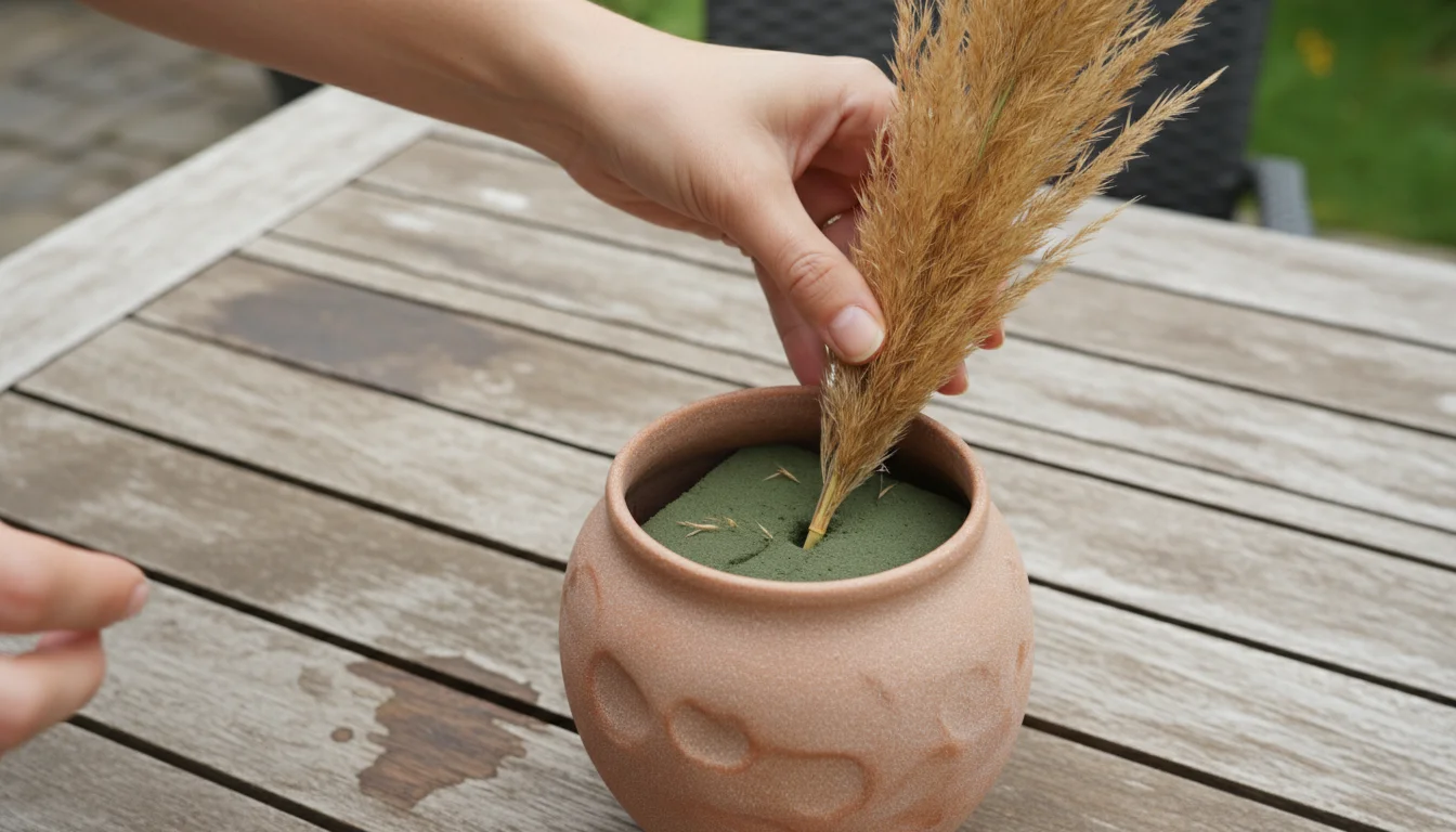Hands carefully place a tall, dried ornamental grass plume into a ceramic vase with floral foam, on a wooden table with more seed heads.