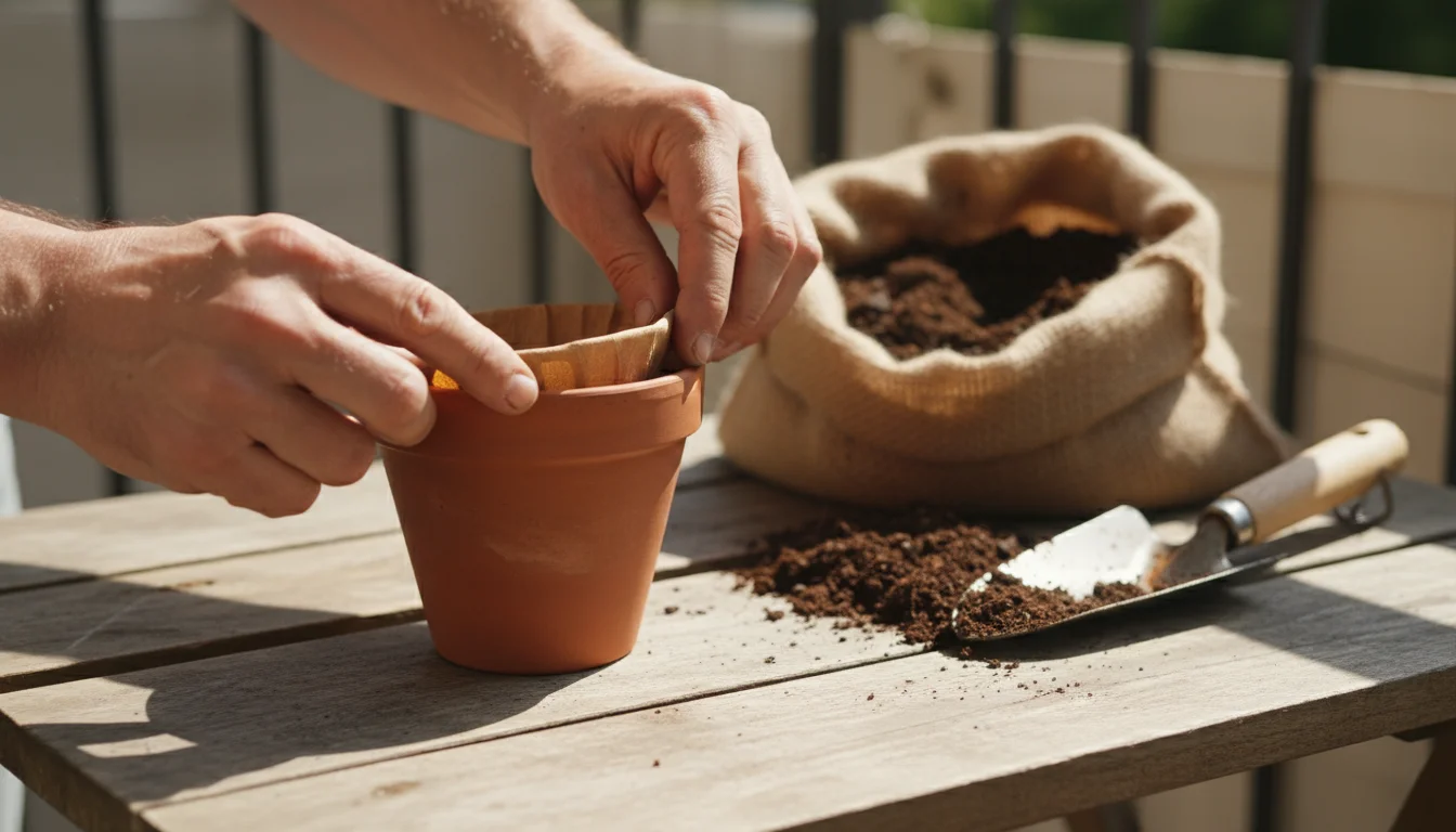 Close-up of hands placing a coffee filter over a pot's drainage hole on a wooden balcony table, potting mix nearby.