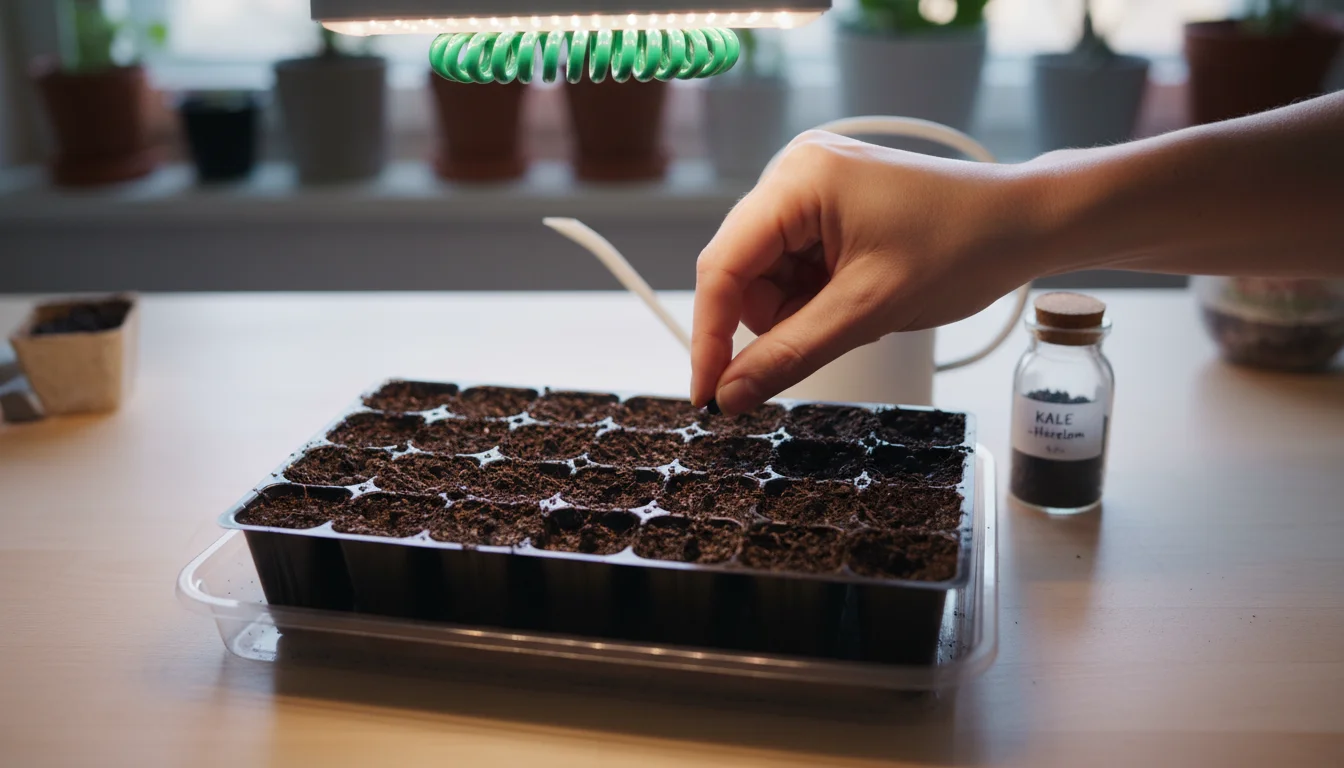 Overhead view of hands planting kale seeds into a multi-cell tray on a clean table, with a seed packet and spray bottle nearby.