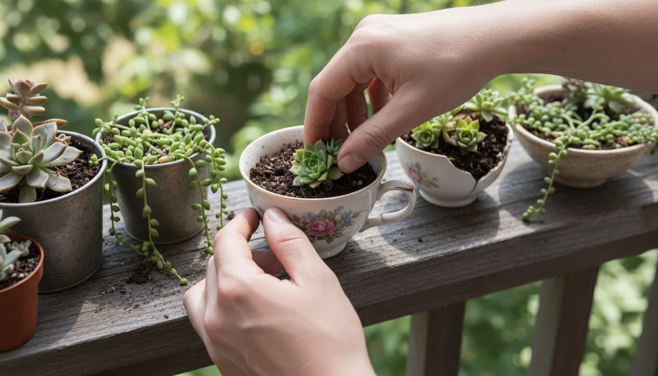 Hands planting a small Sempervivum into a chipped vintage teacup on a rustic balcony table, surrounded by other succulent pots.