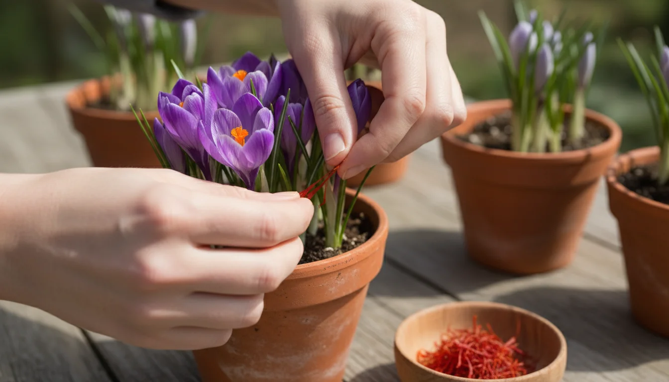 Hands gently plucking vibrant red-orange saffron stigmas from a purple crocus flower in a terracotta pot, with harvested threads in a small white dish