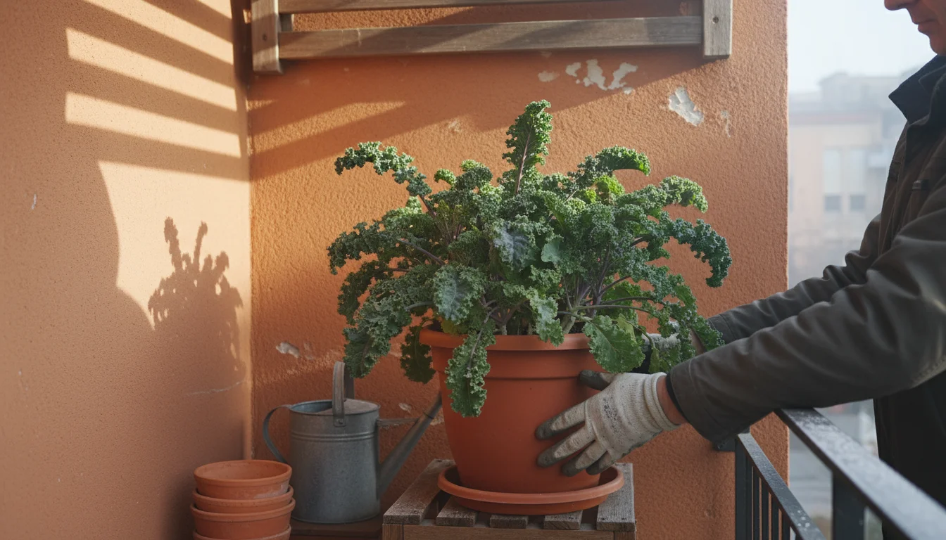 Hands gently position a healthy potted kale plant into a protected balcony corner next to a building wall, on a chilly day.