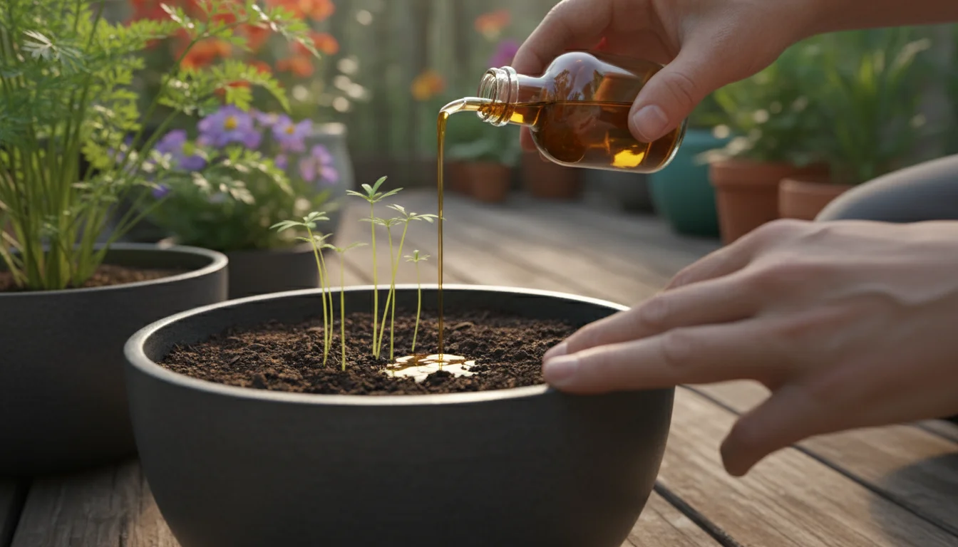 Hands pour liquid fertilizer around young carrot plants in a deep gray container on a rustic patio surface.