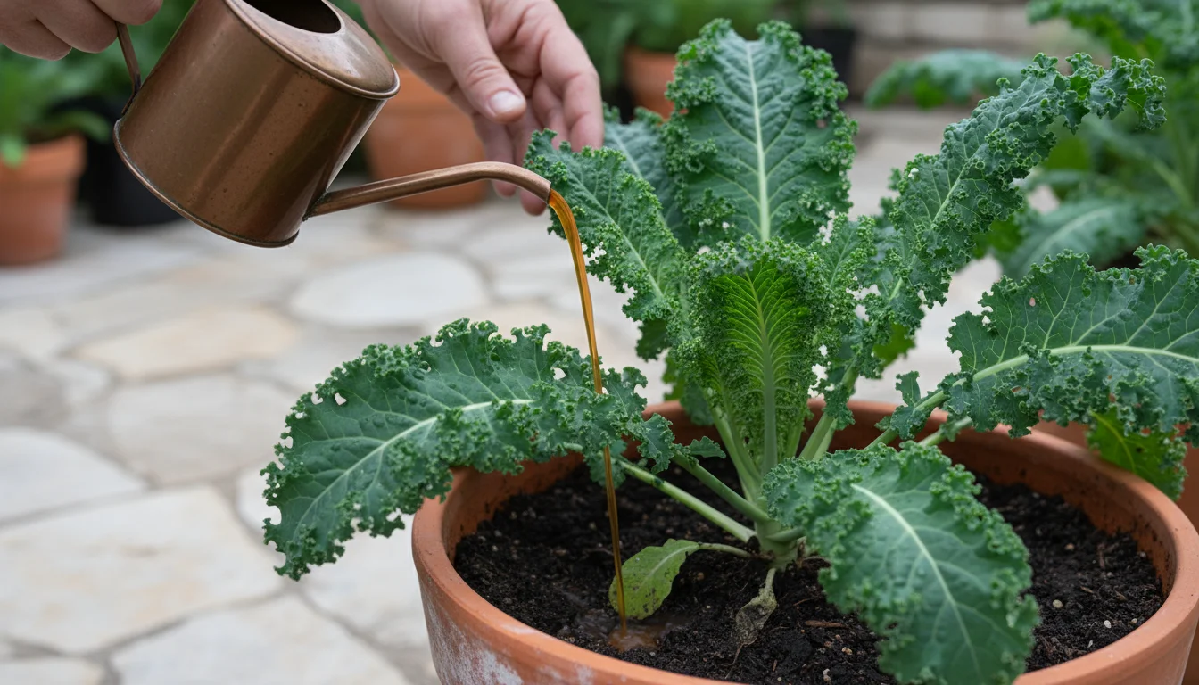 Hands pouring liquid fertilizer from a small watering can onto the soil of a vibrant Lacinato kale plant in a terracotta pot.