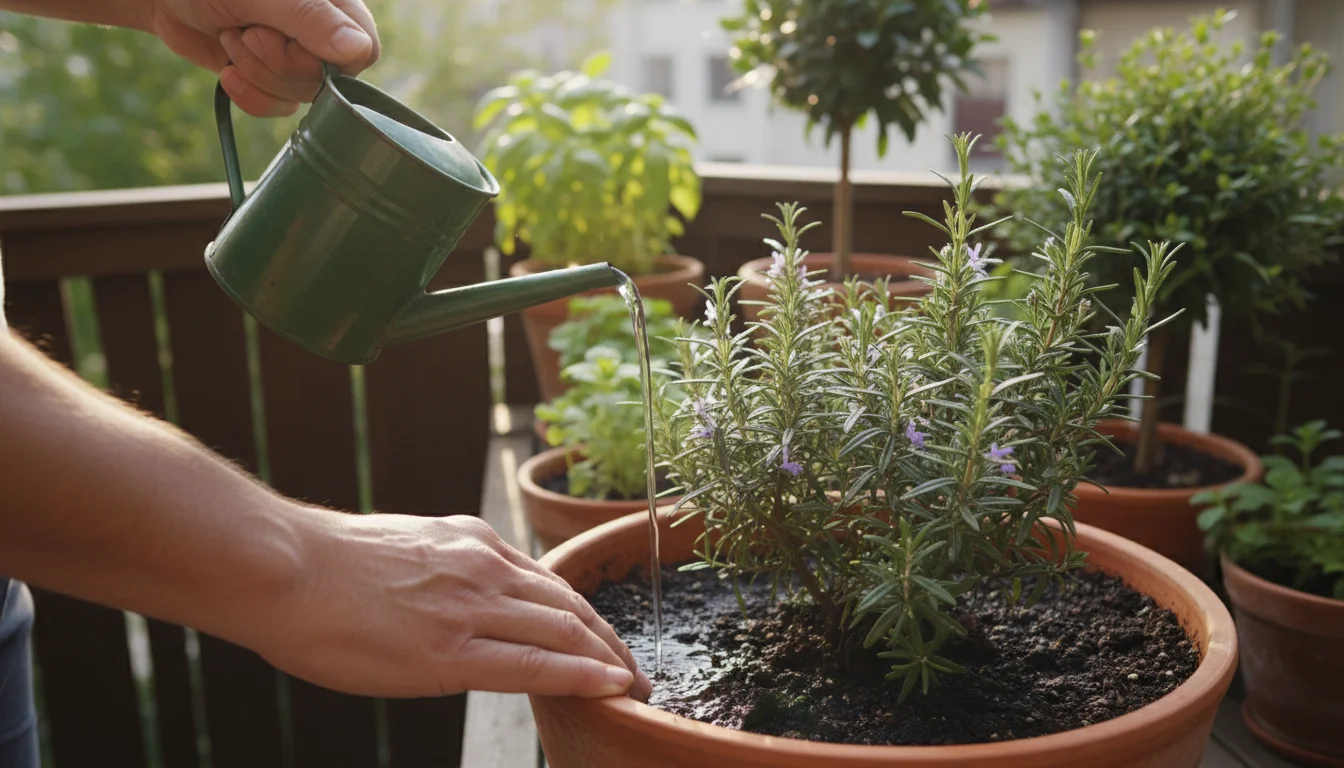 Hands pouring liquid from a watering can onto the soil of a rosemary plant in a terracotta pot on a balcony, with a packet of beneficial nematodes nea
