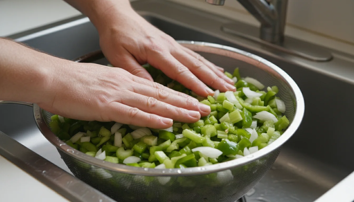 Hands pressing chopped green tomatoes, bell pepper, onion, and celery in a metal colander to drain after brining.