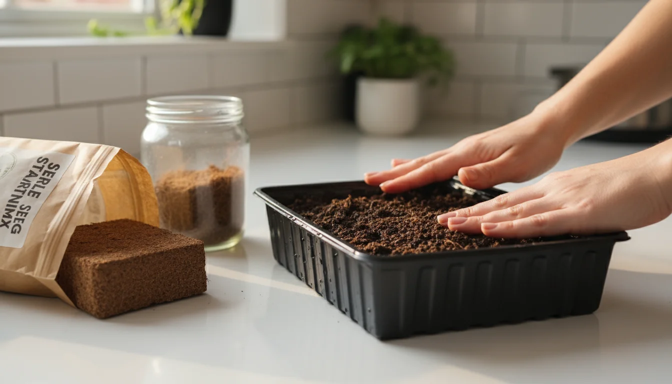 Hands pressing seed starting mix into a rectangular microgreen tray. Bags of soil and coconut coir are on a counter beside it.
