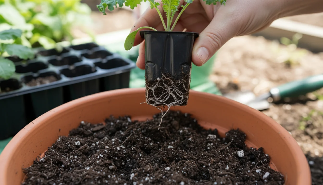 Hands gently removing a young kale seedling from its nursery pot, preparing to plant it into a larger terracotta pot.