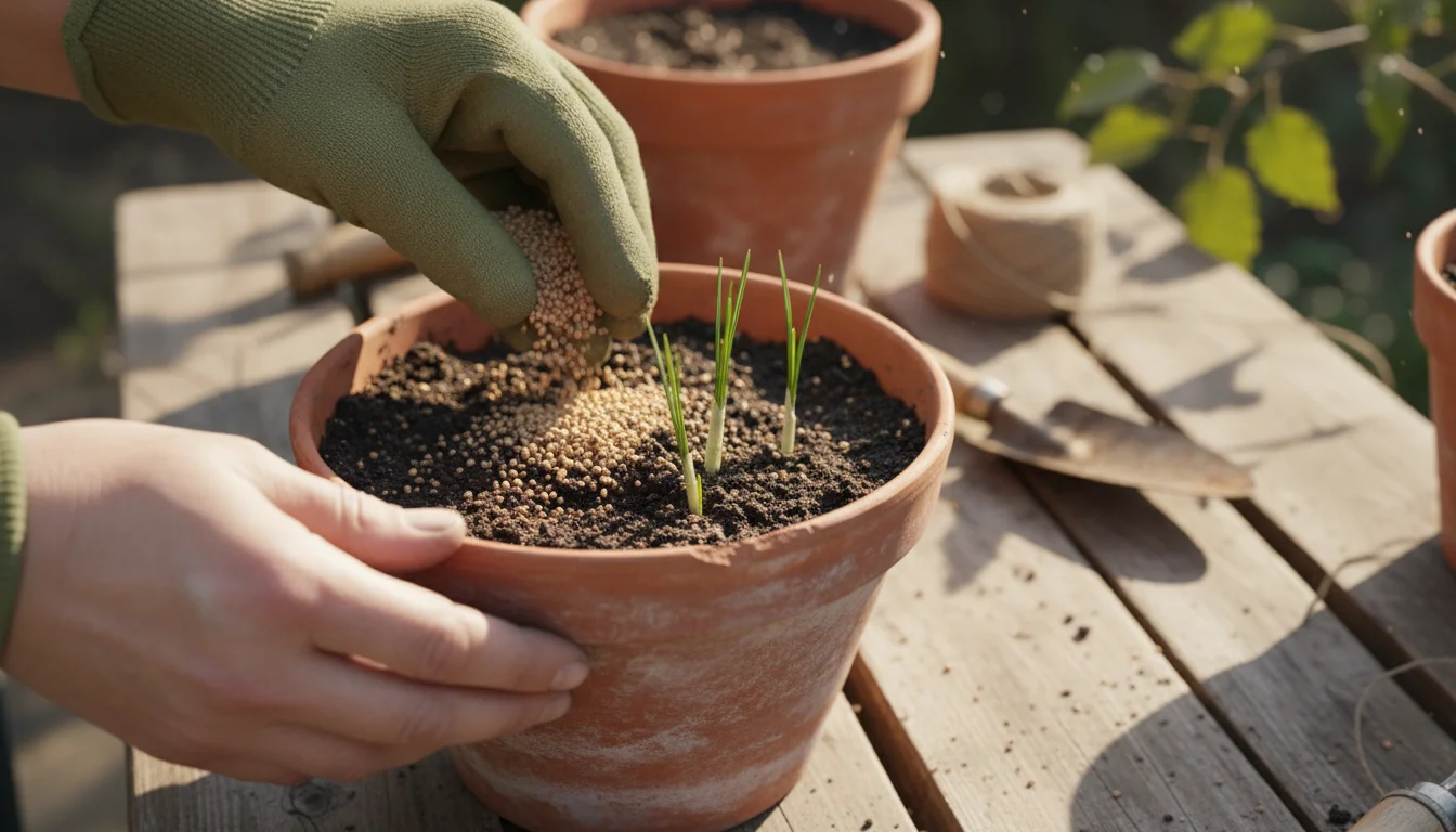 Hands gently scattering granular bulb fertilizer around emerging green saffron crocus shoots in a terracotta pot on a wooden table.