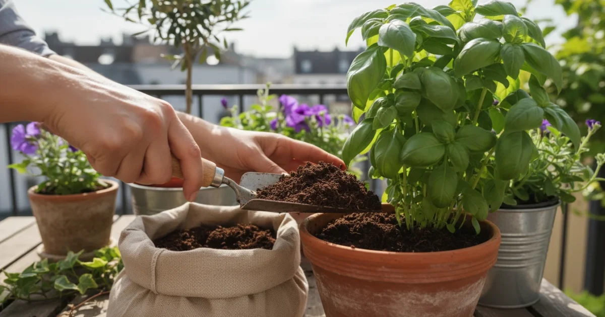 Hands gently scooping dark, earthy leaf mold from a rustic bag into a terracotta pot with a green basil plant on a sunlit patio.