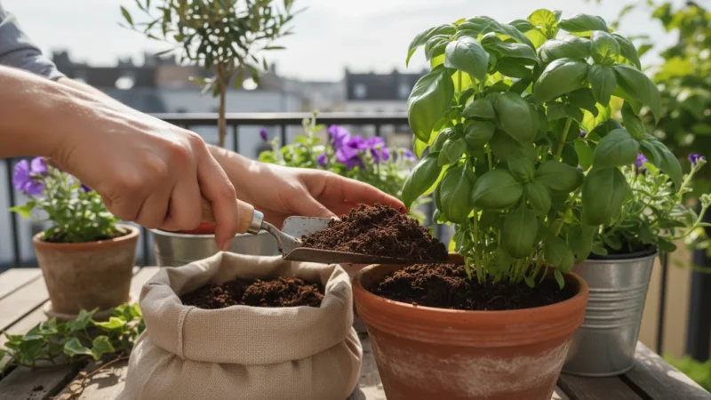 Hands gently scooping dark, earthy leaf mold from a rustic bag into a terracotta pot with a green basil plant on a sunlit patio.