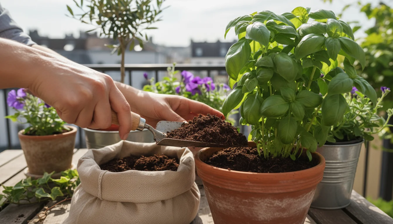 Hands gently scooping dark, earthy leaf mold from a rustic bag into a terracotta pot with a green basil plant on a sunlit patio.