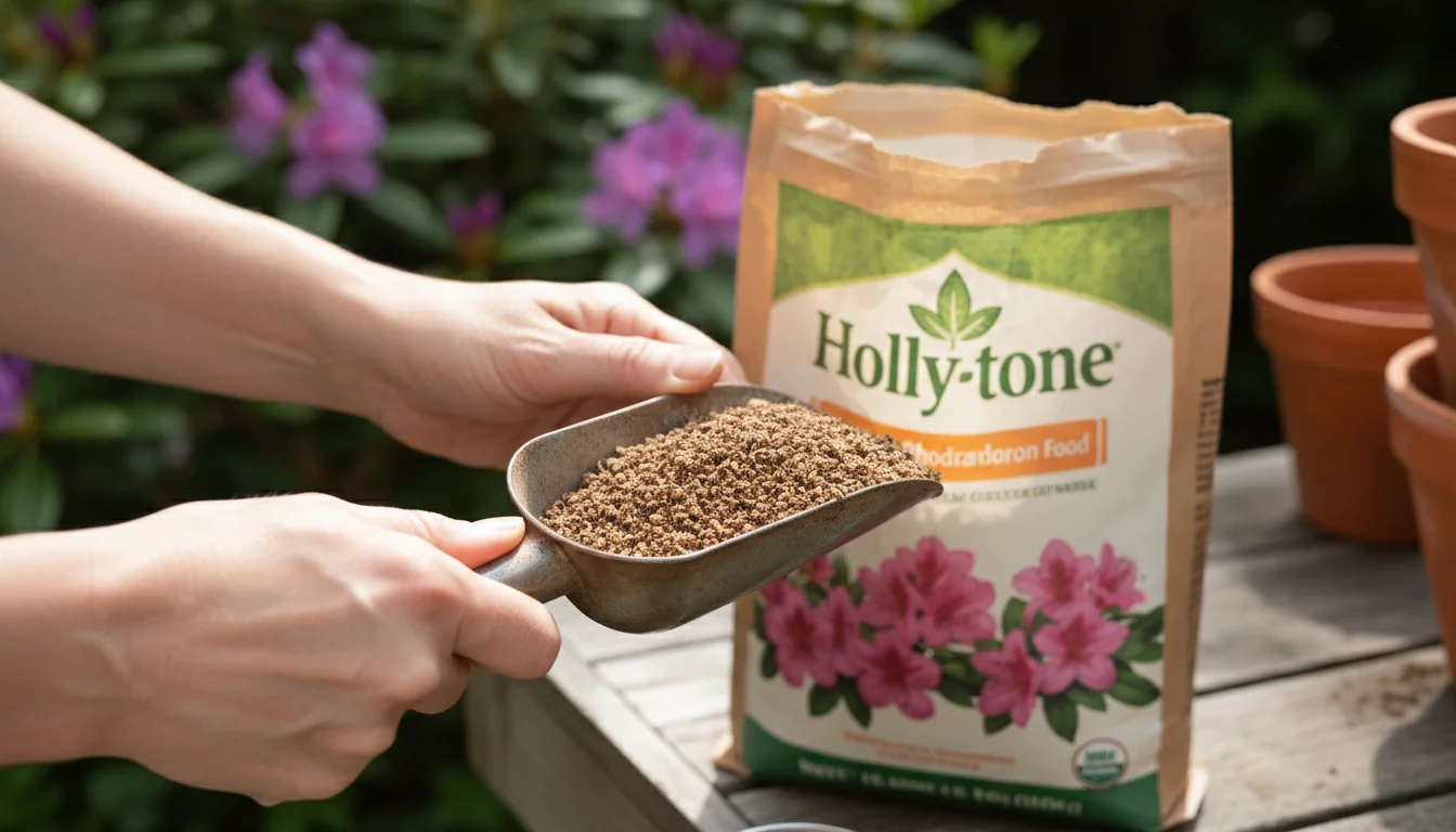 Hands scooping granular fertilizer from a bag, with container berry plants and other fertilizer bags in the soft background on a patio.