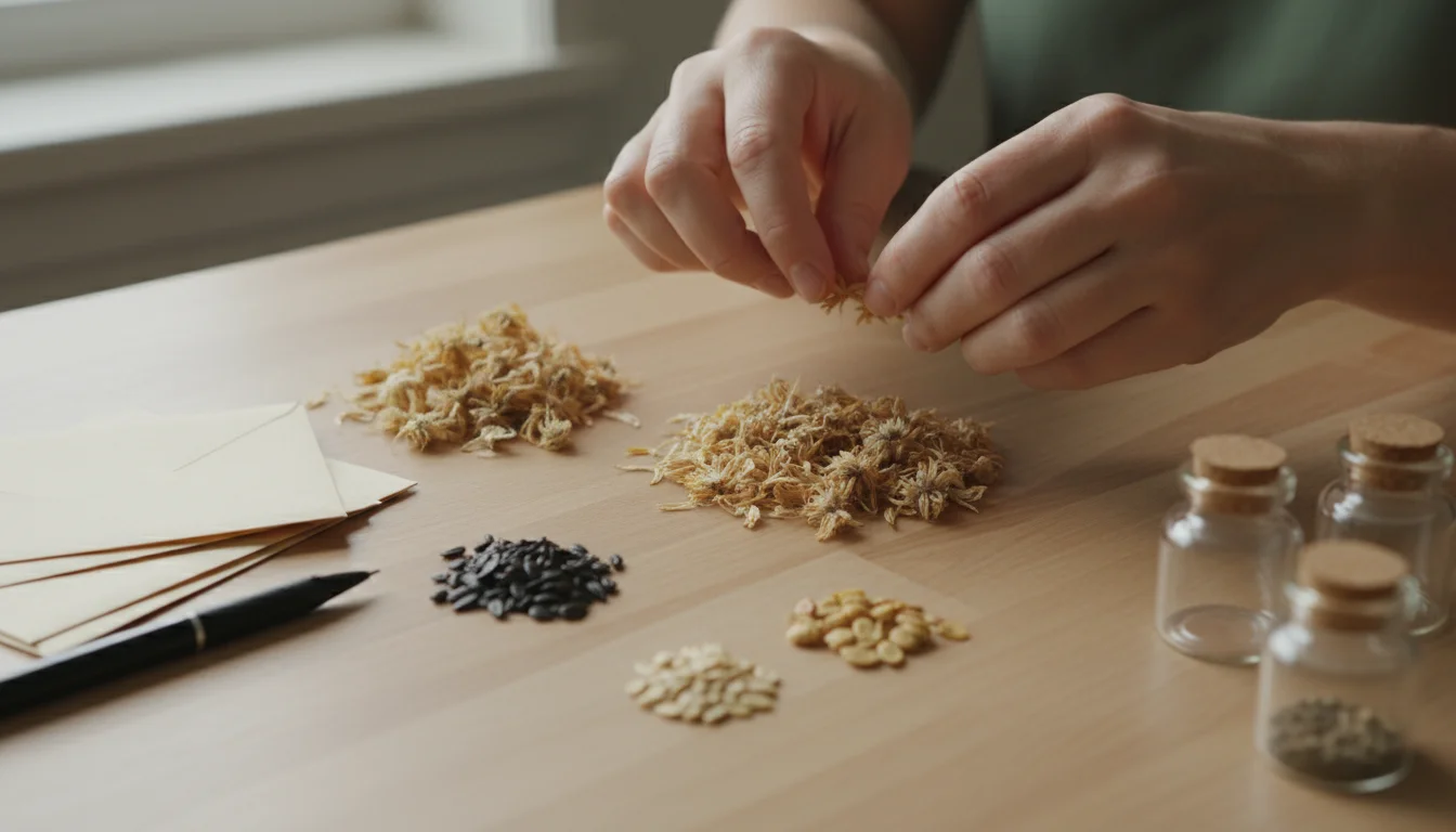 Hands gently separating dried calendula seeds on a wooden table, surrounded by other seeds, envelopes, and small glass jars.