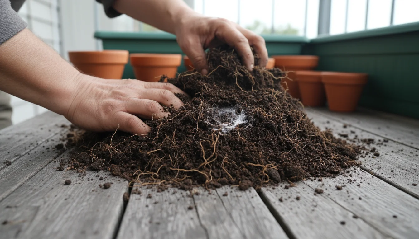 Hands sift dark, crumbly potting mix with visible roots and white fungi on a wooden surface, with empty pots blurred in the background.