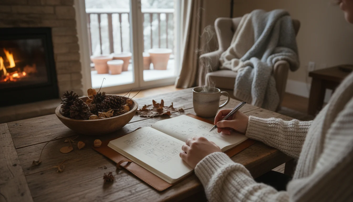 Hands sketching in a journal on a wooden table, with a mug and a bowl of pinecones. A snowy balcony is visible through the window.