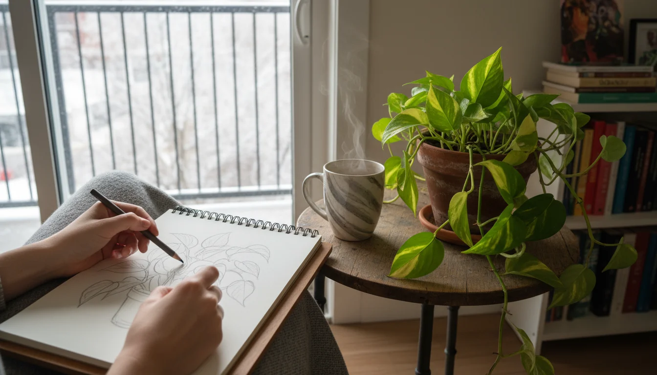 Hands sketching a plant in a sketchbook, next to an indoor plant in a terracotta pot and a steaming mug on a side table, with a bare balcony visible t