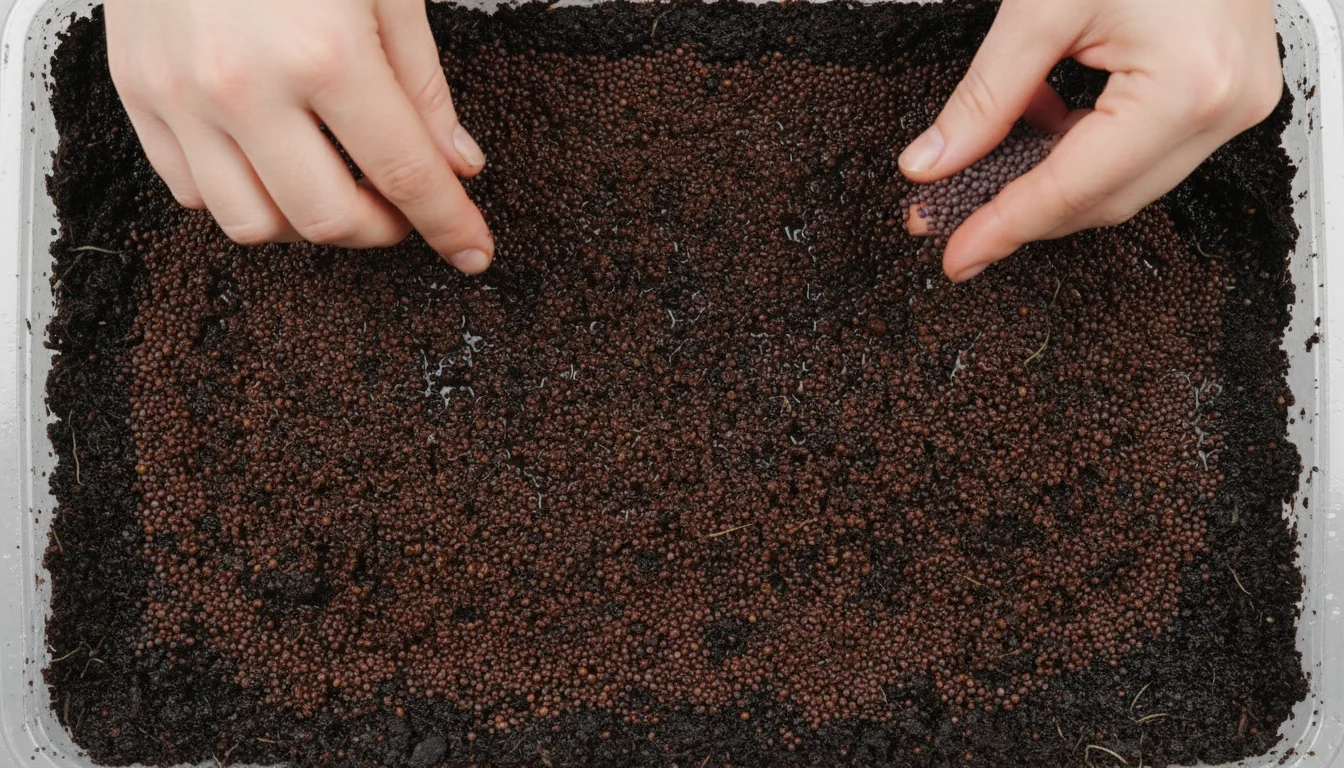 Overhead view of hands sowing small mustard seeds densely onto dark soil in a rectangular microgreen tray, creating an even layer.