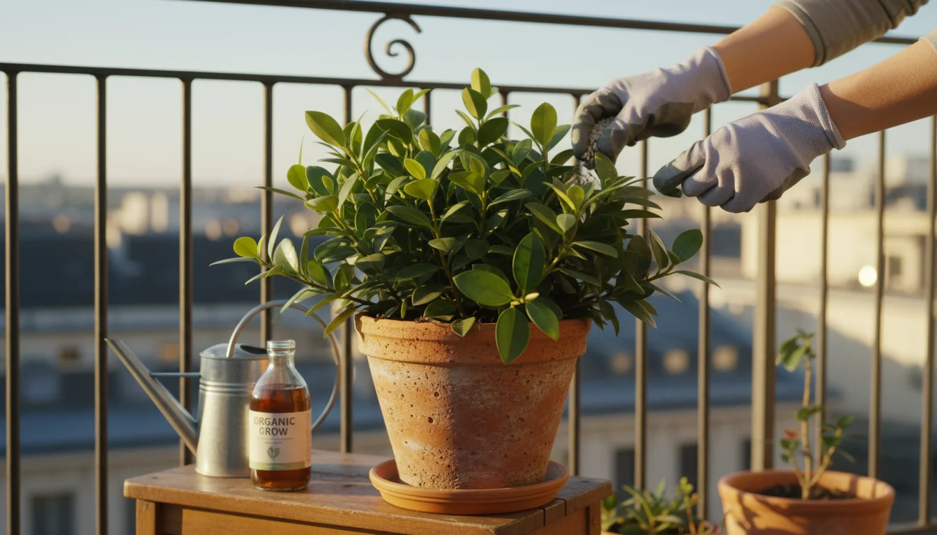 Hands sprinkling granular fertilizer into a terracotta pot with a green plant on an urban balcony. Liquid fertilizer and watering can are nearby.