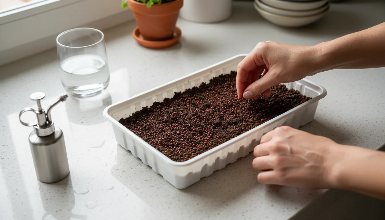 Hands sprinkling tiny microgreen seeds onto damp soil in a white plastic tray on a kitchen counter next to a mister.