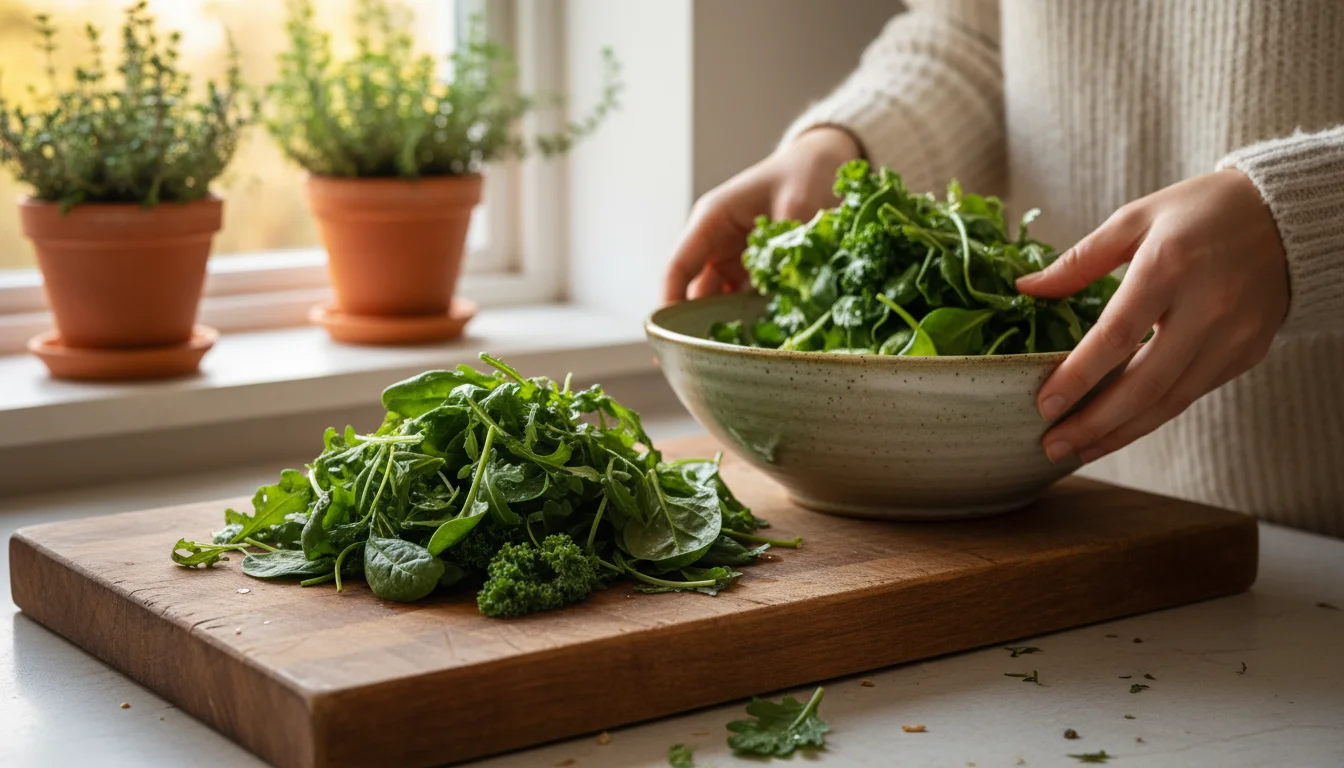 Hands in a sweater adding freshly harvested arugula and spinach from a cutting board to a salad bowl in a cozy kitchen.