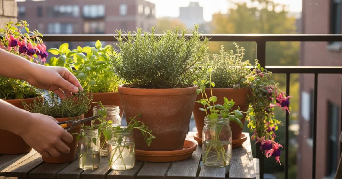 Hands taking a rosemary cutting on an urban balcony, with other herb cuttings rooting in water in glass jars on a wooden table.