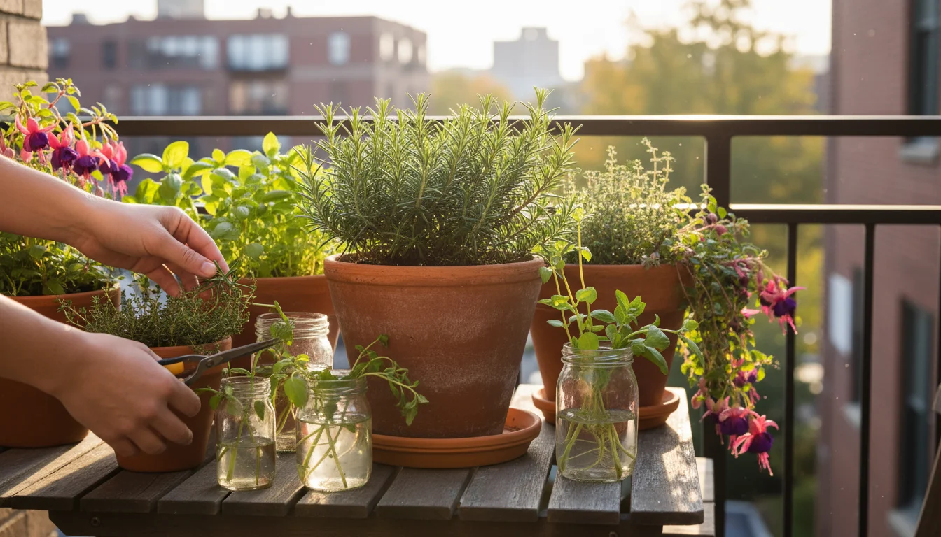 Hands taking a rosemary cutting on an urban balcony, with other herb cuttings rooting in water in glass jars on a wooden table.