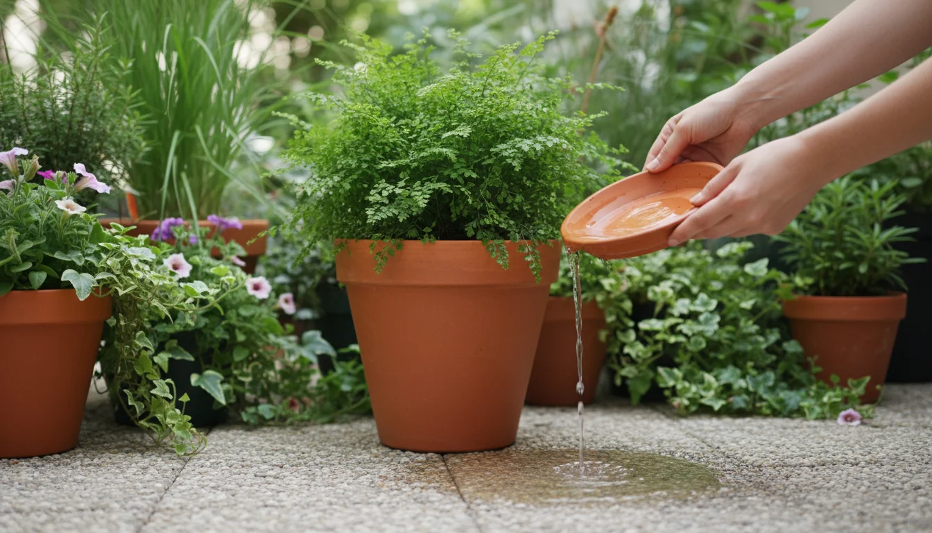 Hands tip a terracotta saucer, pouring out excess water from a plant pot on a patio.
