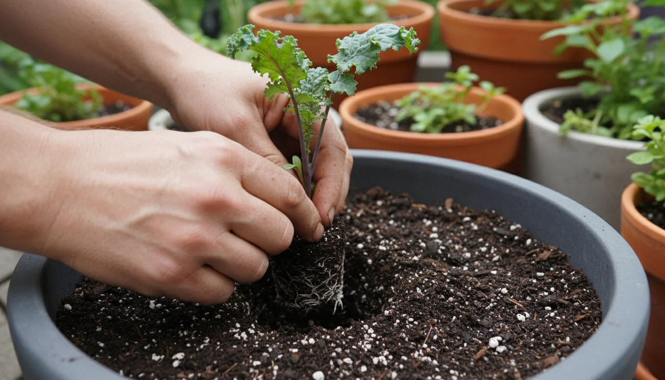 Hands carefully transplanting a small kale seedling into a dark grey pot on a patio, with other blurred container plants in the background.