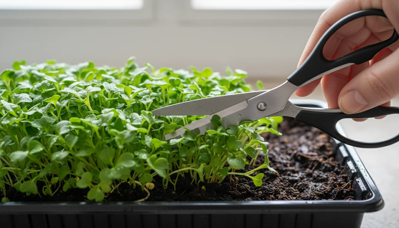 Close-up of hands using small scissors to carefully snip vibrant green microgreens just above the soil in a black tray.