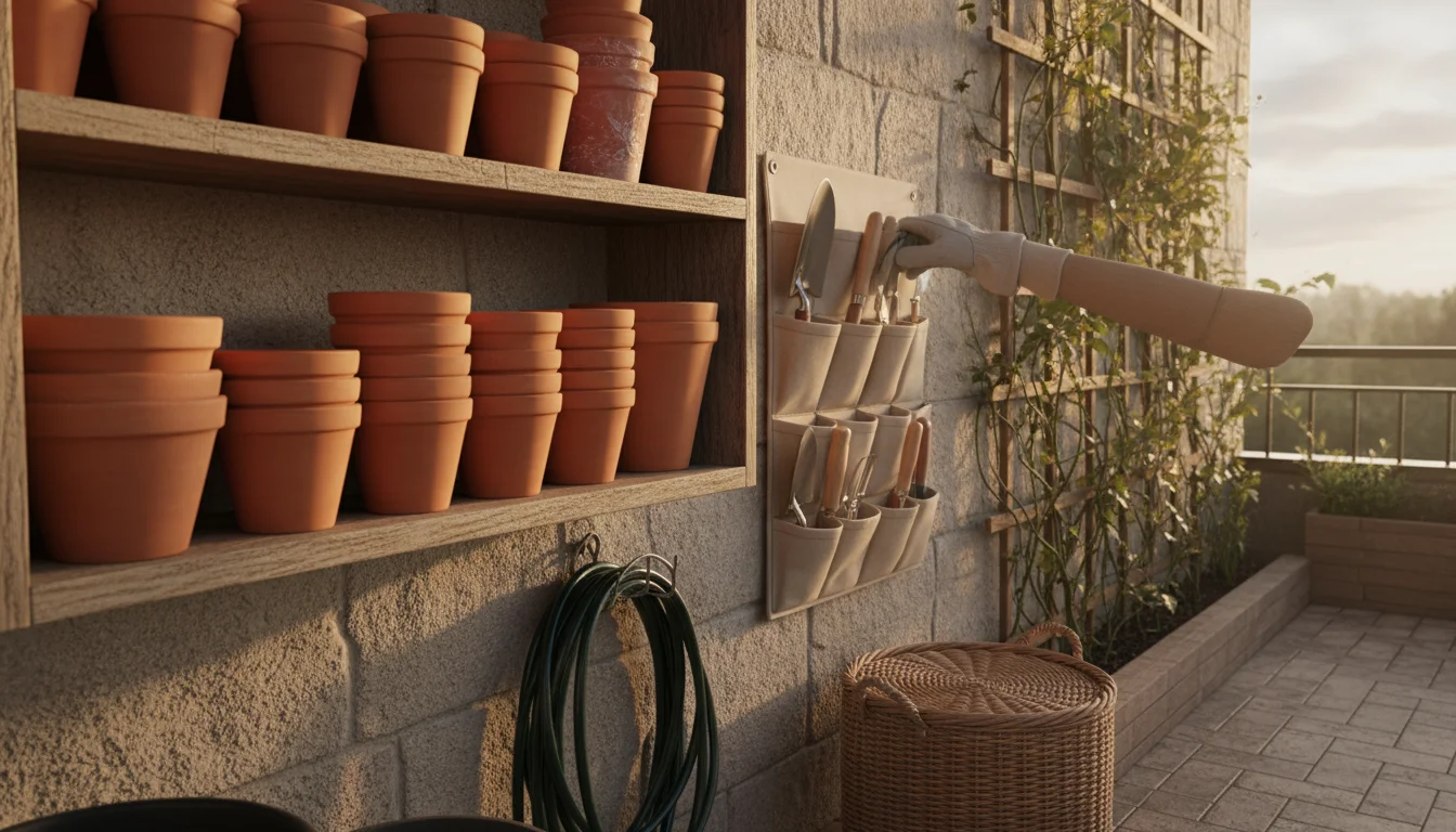 Hands wearing gardening gloves neatly place a clean trowel into a wall organizer next to stacked, clean empty pots on a balcony.