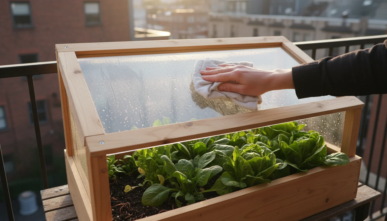 Hands gently wipe condensation from the inside of a balcony cold frame lid, revealing vibrant fall greens below.
